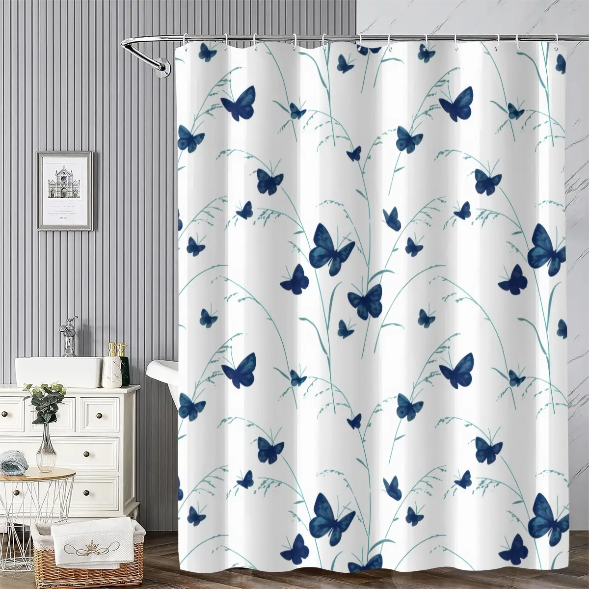 Watercolor Blue Butterfly Shower Curtain, 90gsm Polyester Waterproof Mold-Resistant, Wall-Mounted Bathroom Privacy Curtain with 12 Hooks