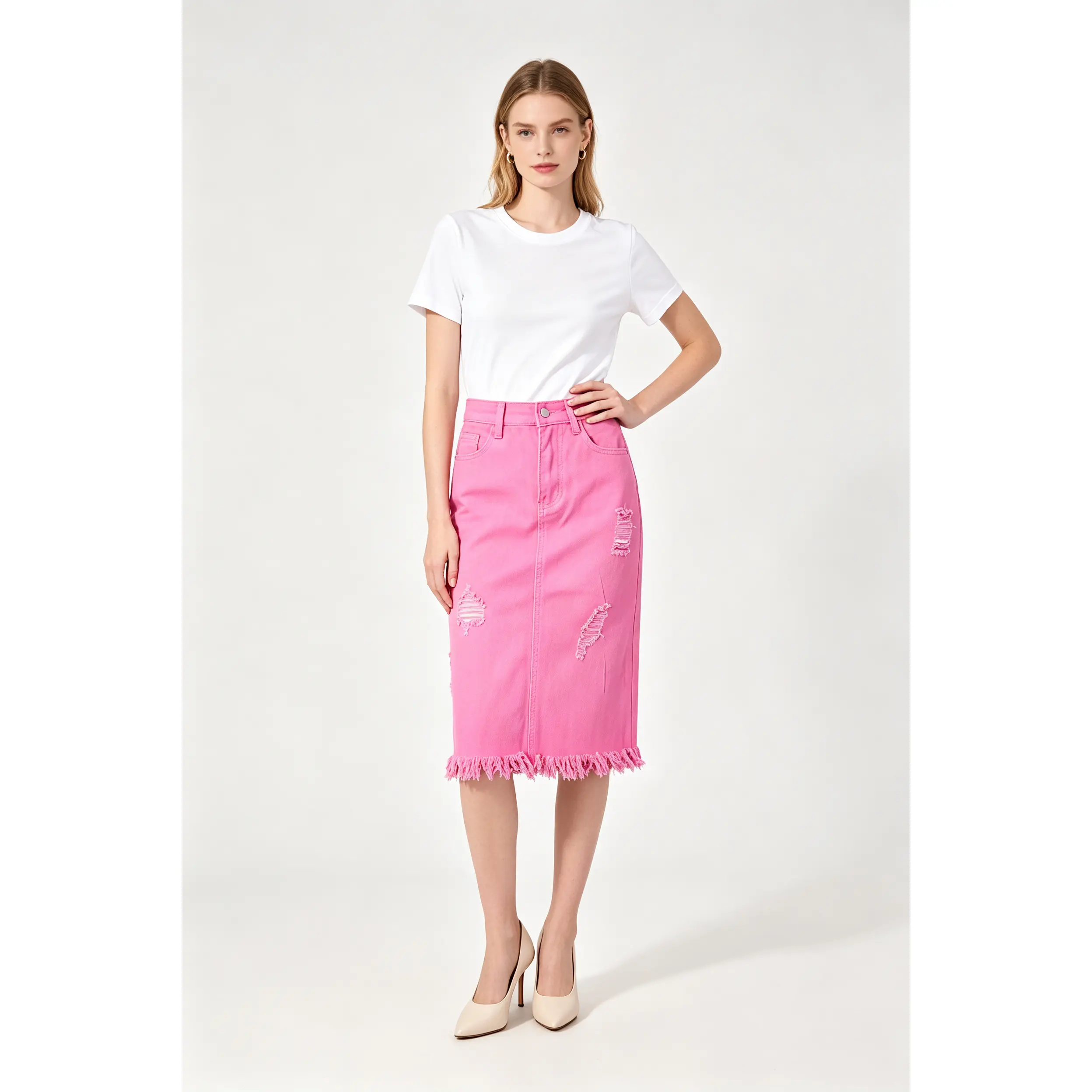Women's High Waist Hot Pink Distressed Frayed Raw Hem Midi Denim Pencil Skirt, Bright Solid Color Ripped Slit Straight Jean Skirt with Double Back Pockets, Y2K Summer Streetwear Denim Skirt for Beach Shopping Vacation Weekend Party Daily Outfits