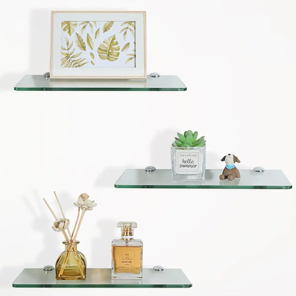 Glass Floating Shelves for Wall, Tempered Glass Shelves for Bathroom, Living Room, Bedroom, Office, Toilet, Kitchen Decor, 12Inch Set of 3, Clear