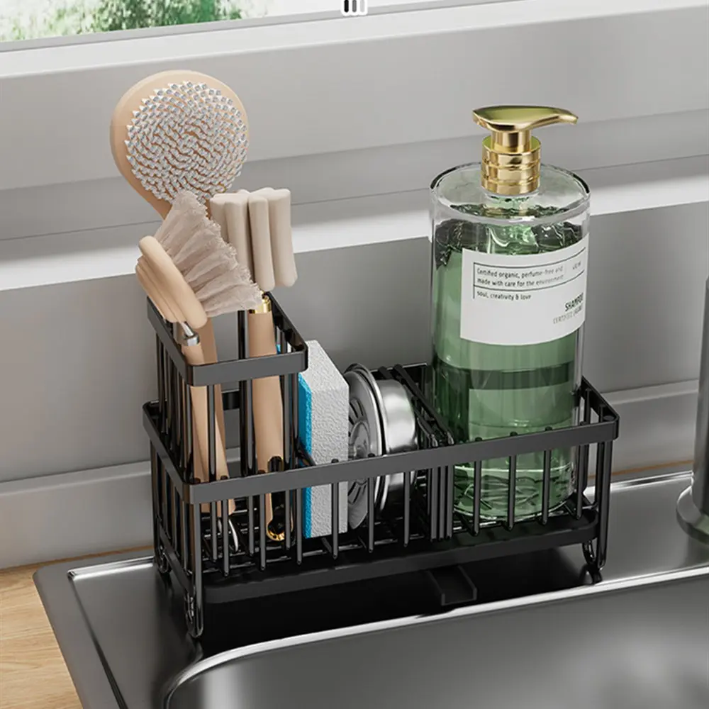 3-Compartment Kitchen Sink Organizer Basket, Drip Tray Included, Holds Brushes, Sponges, Dish Soap, Cloths, Ideal for Home, Office, Breakroom