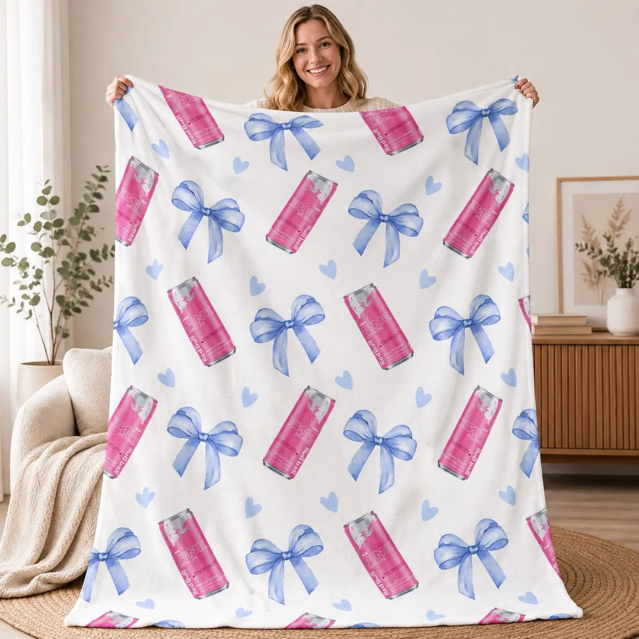 Energy Drink Can Blue Bow Flannel Blanket, Coquette Soft Plush Fleece Throw, Comfortable for Couch Bed Home Decor