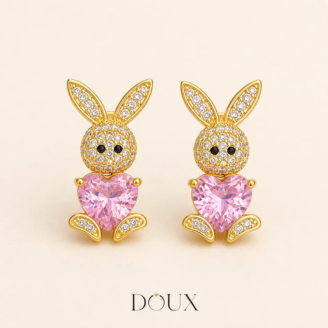Women's DOUX Pink Heart Non-Natural Crystal Bunny Shape Stud Earrings, Gold-Tone Rabbit Motif Non-Natural Crystal Jewelry, Casual Wear, Stud Type