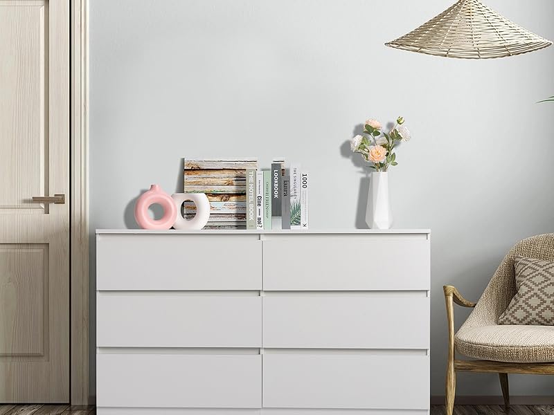 Karl home White 6 Drawer Dresser - Modern Chest of Drawers for Bedroom, Wood Dressers with Deep Drawers, Cut-Out Handles, Anti-Tipping Device, Living Room, Hallway, Entryway - 55-Inch