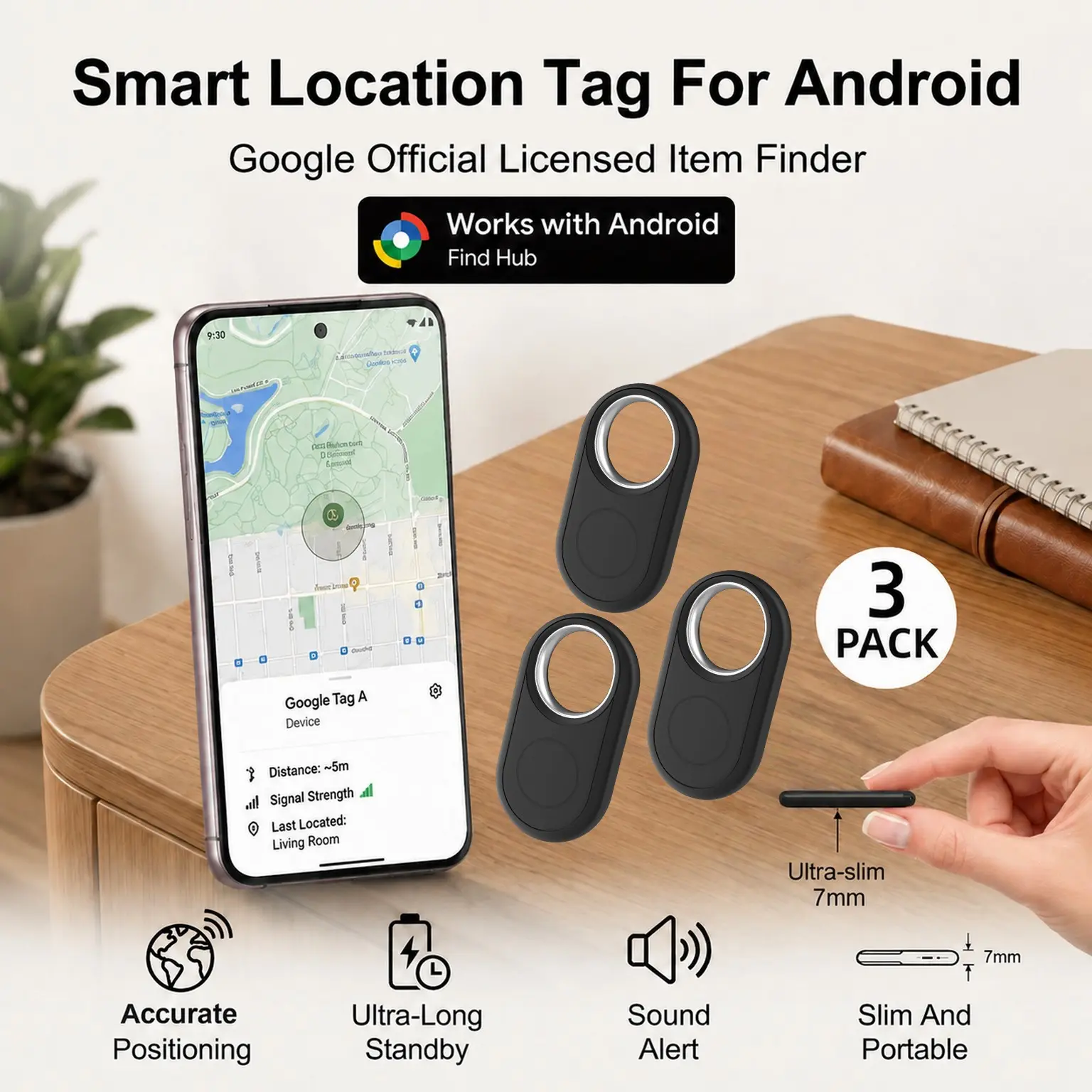 3-Piece Smart Tags, Smart Tracking Tag for Android, Anti Lost Wireless Mini Tracker, Compatible with Google Find HUB, Item Locator for Keys, Backpack, Wallet, Pet, Luggage