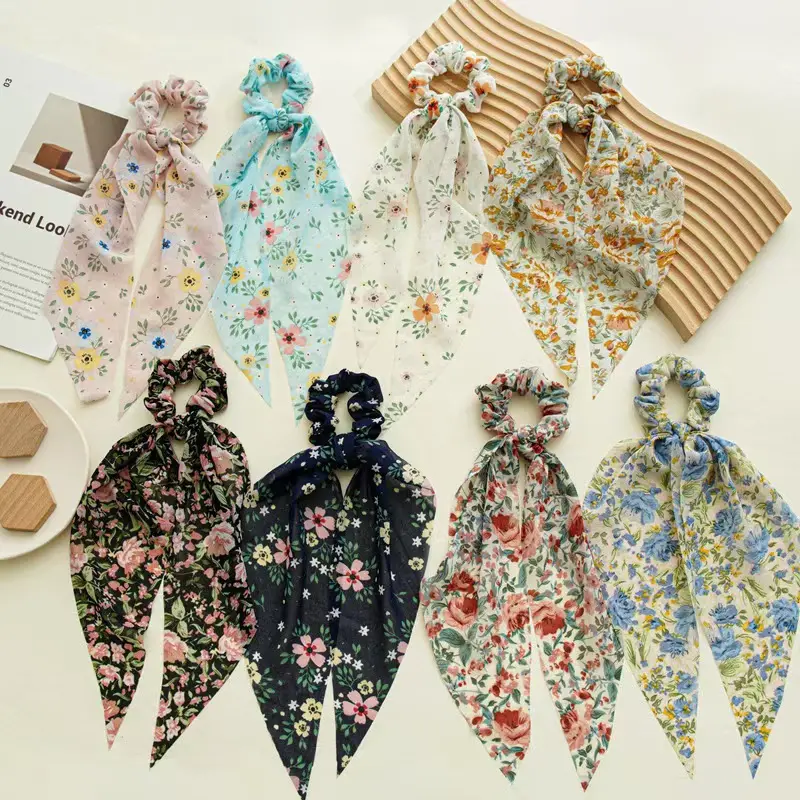 Female Chiffon Fabric Scarf Scrunchies, 7-Piece Floral Assorted Packaged Hairbands & Scrunchies Set with Long Ribbon Tails for Ponytails, Hair Tie Set, Daily, Everyday, Band Set Hairbands & Scrunchies, Long Ribbons