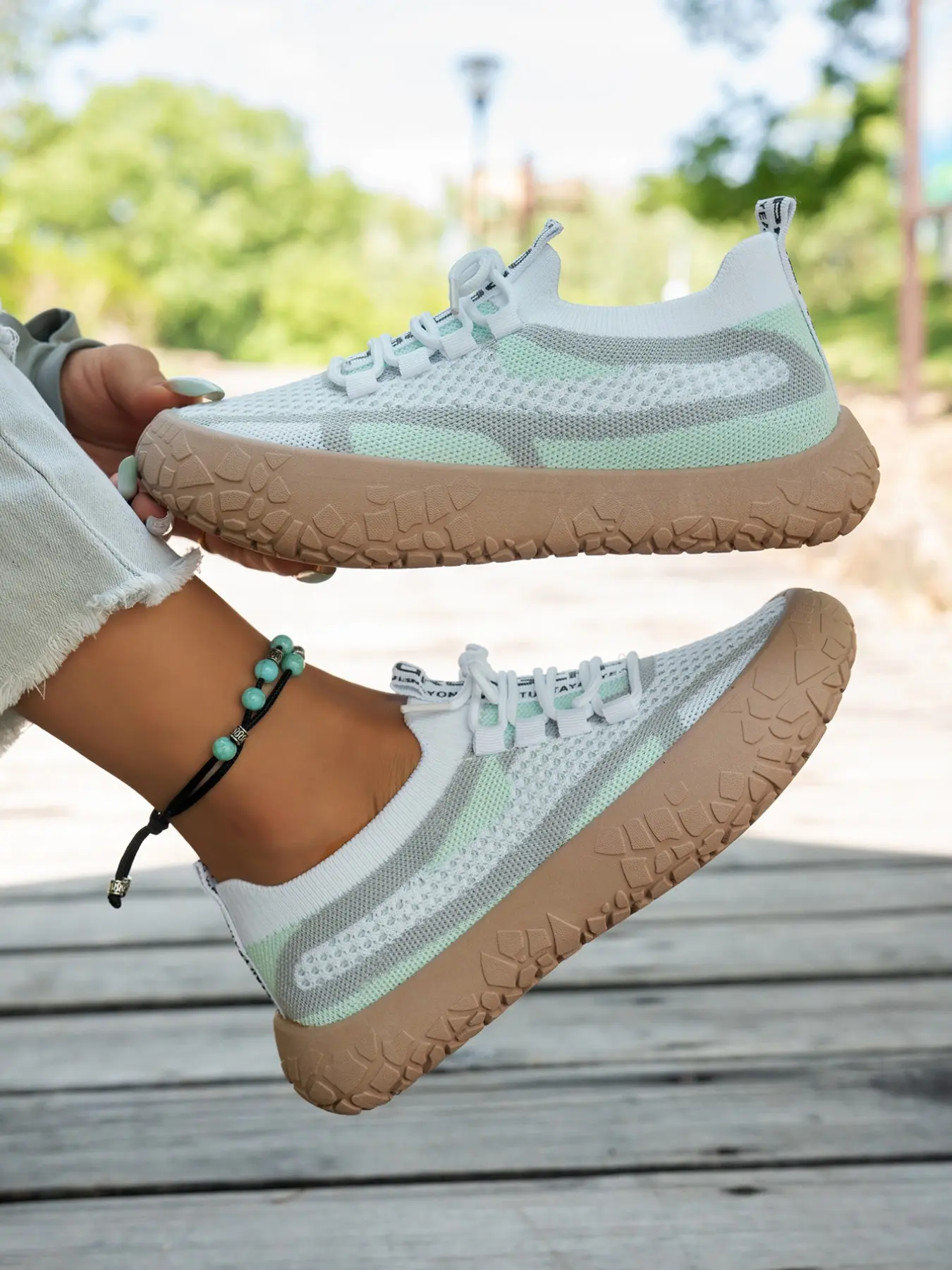 Summer Hollow Out Mesh Women's Shoes, Knit Flyknit Breathable Anti-Slip Thick Sole Walking Shoes, Casual Wide Fit Comfortable Sneakers