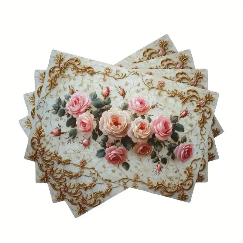 2D flat printing, 2-piece/4-piece/6-piece/8-piece linen placemat, retro floral pattern heat-resistant, non slip and washable, suitable for holiday family gatherings and party decoration placemats