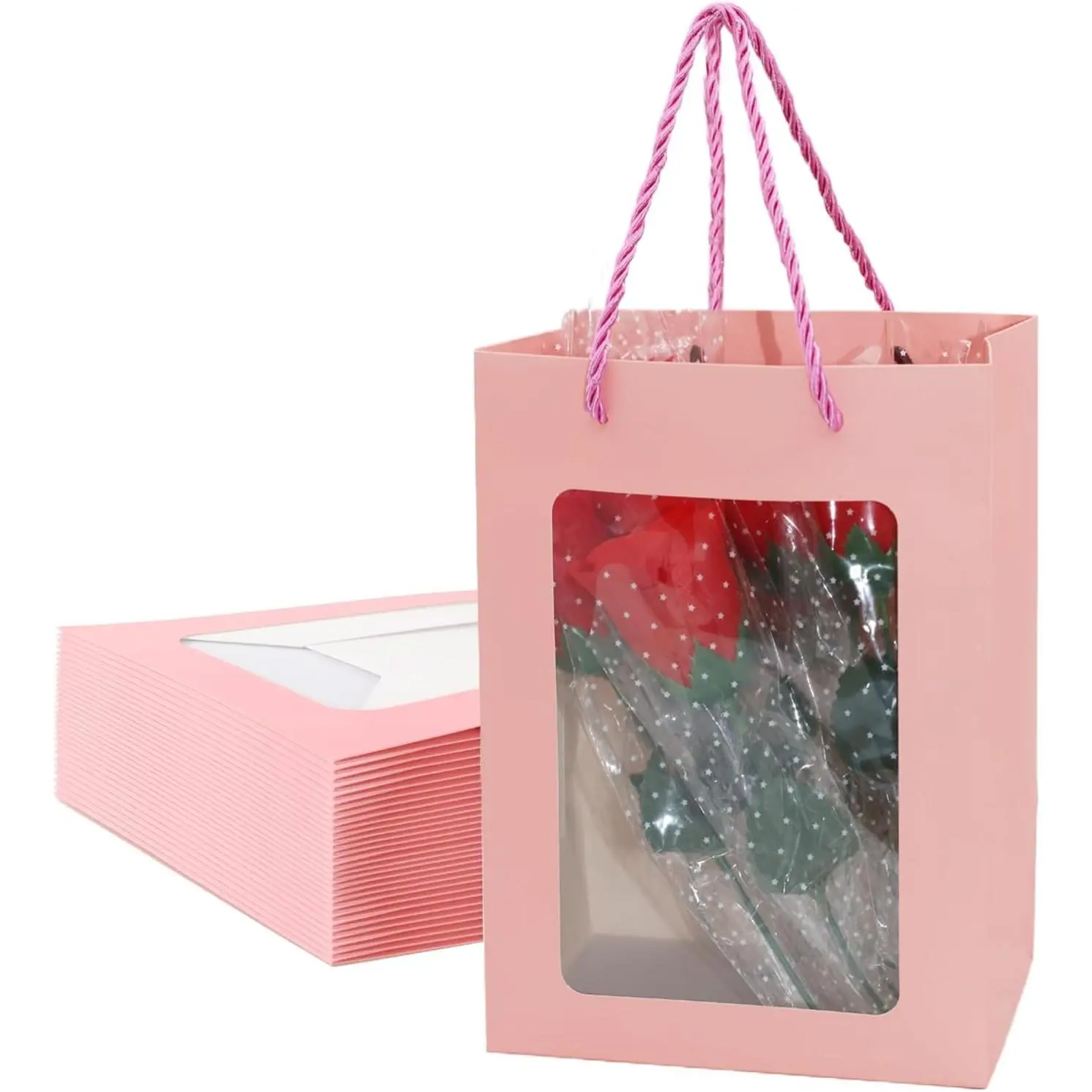 12 count    Paper Bags with Transparent Clear Window 9.8"x7"x5" Party Favor Bags with Handles for Shopping Business Christmas Birthdays Festivals Party Weddings  Shower
