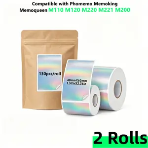 2 rolls 40x60mm holographic thermal labels, for thermal label printers. Waterproof, self-adhesive, ink-free. Perfect for name tags, thank-you cards, addresses, QR codes, gifts, products, and packaging.
