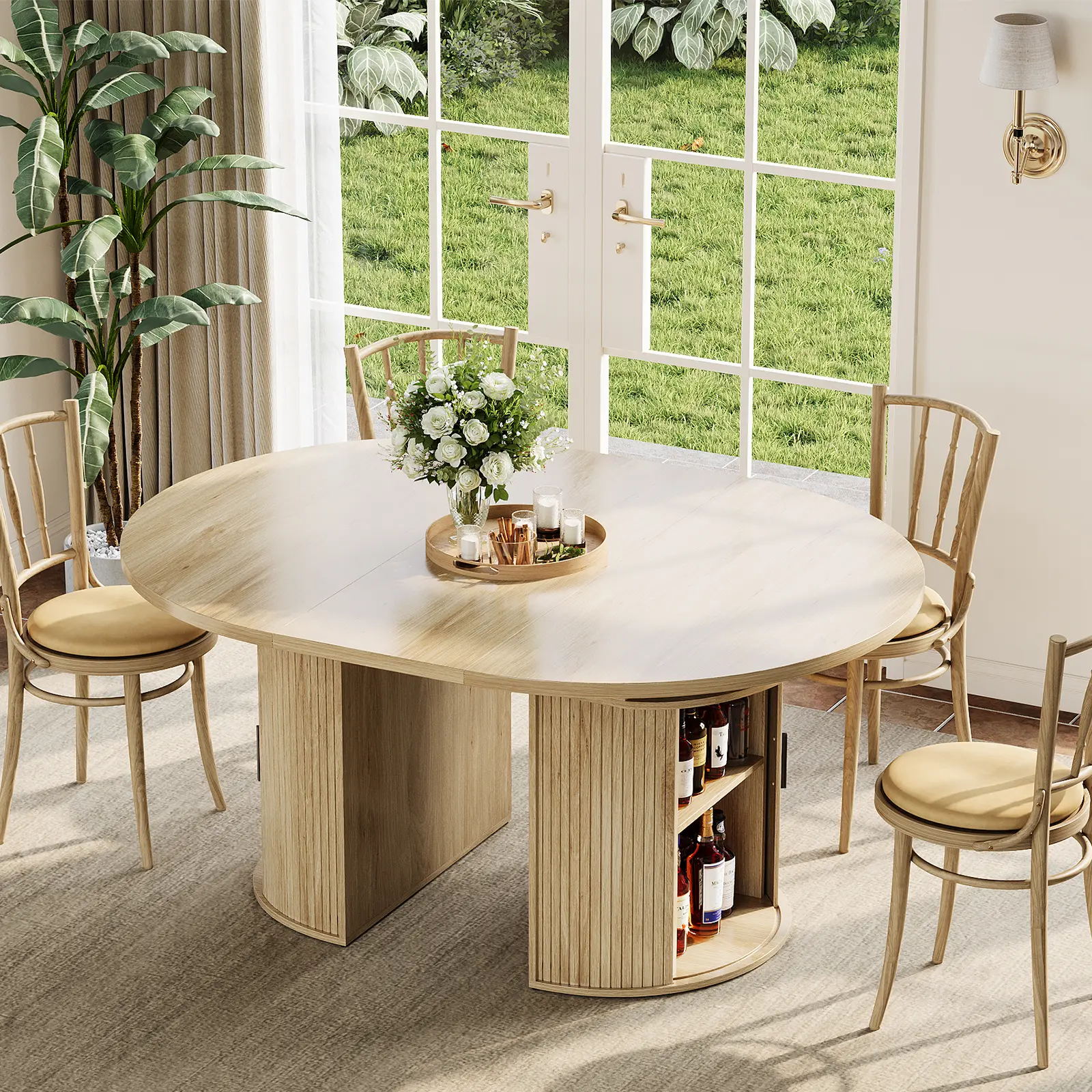 Oval Round Dinner Table Extendable Round Dining Table with 2-Tier Storage Shelf & Drawer, 47 to 63 Inch Expandable Kitchen Table