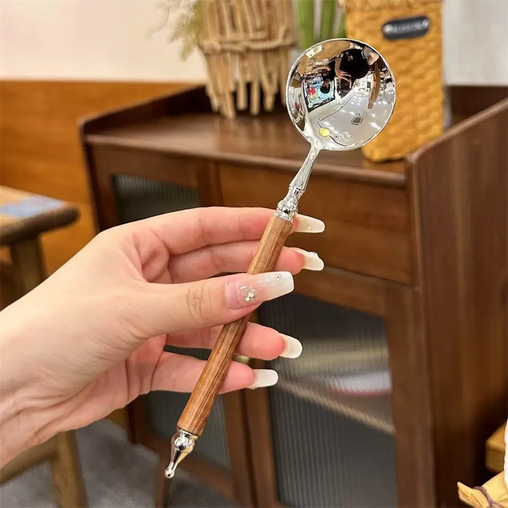Retro Wooden Handle Spoon Stainless Steel Serving Tablespoons Wooden DinnerSpoon Silver Silverware With Brown Handle