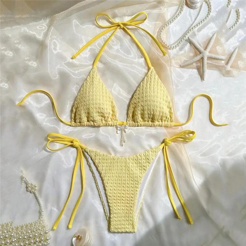 Yellow Halter String Triangle Micro Bikini Thong Solid Swimwears Bow Pearl Sexy Swimsuit Women Bathing Suit Bikinis Sets 2026