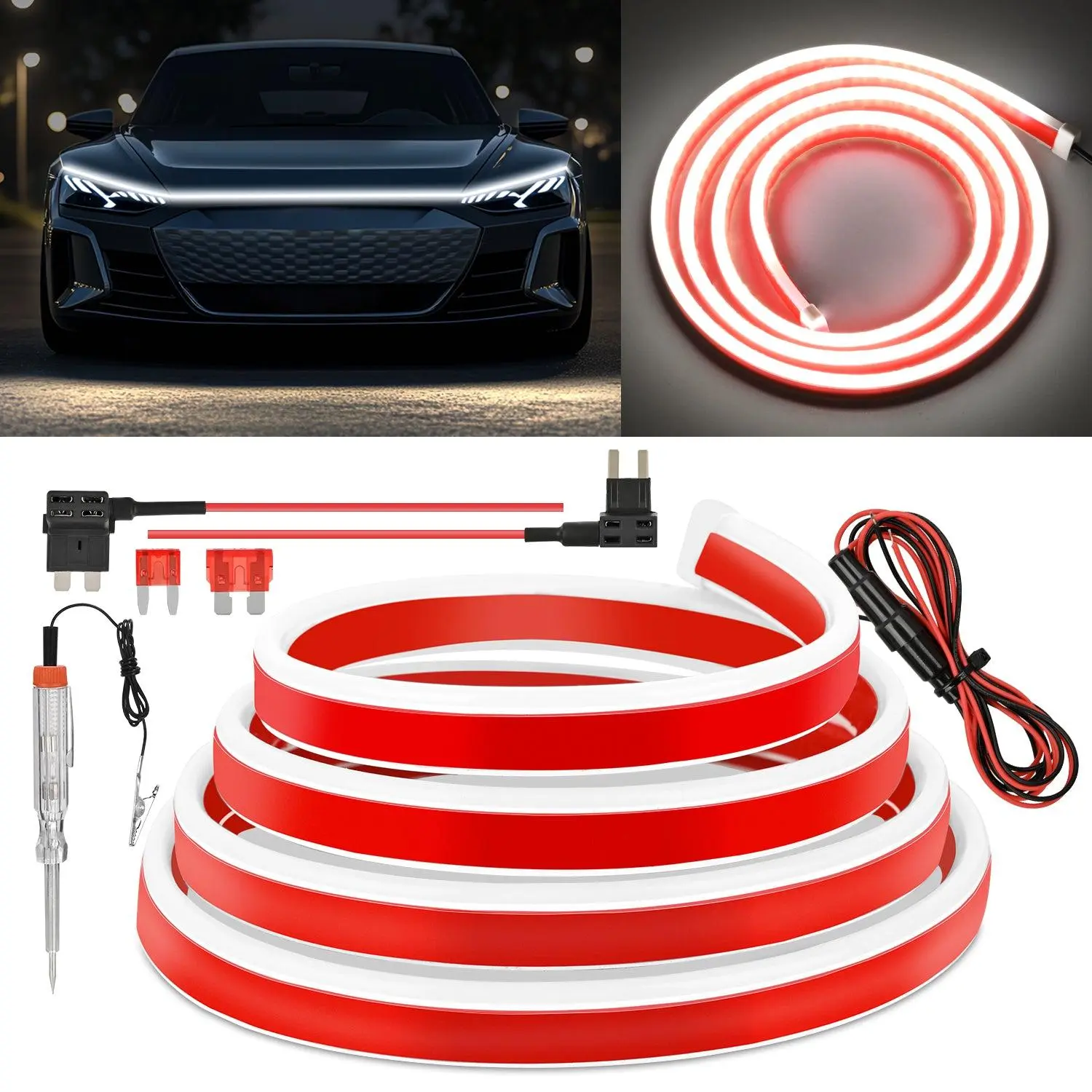 Nilight LED Hood Light Strip, 59Inch Flexible Car Hood Light Waterproof Dynamic Startup Daytime Running Light for Cars, SUVs, Trucks, White bulb kit
