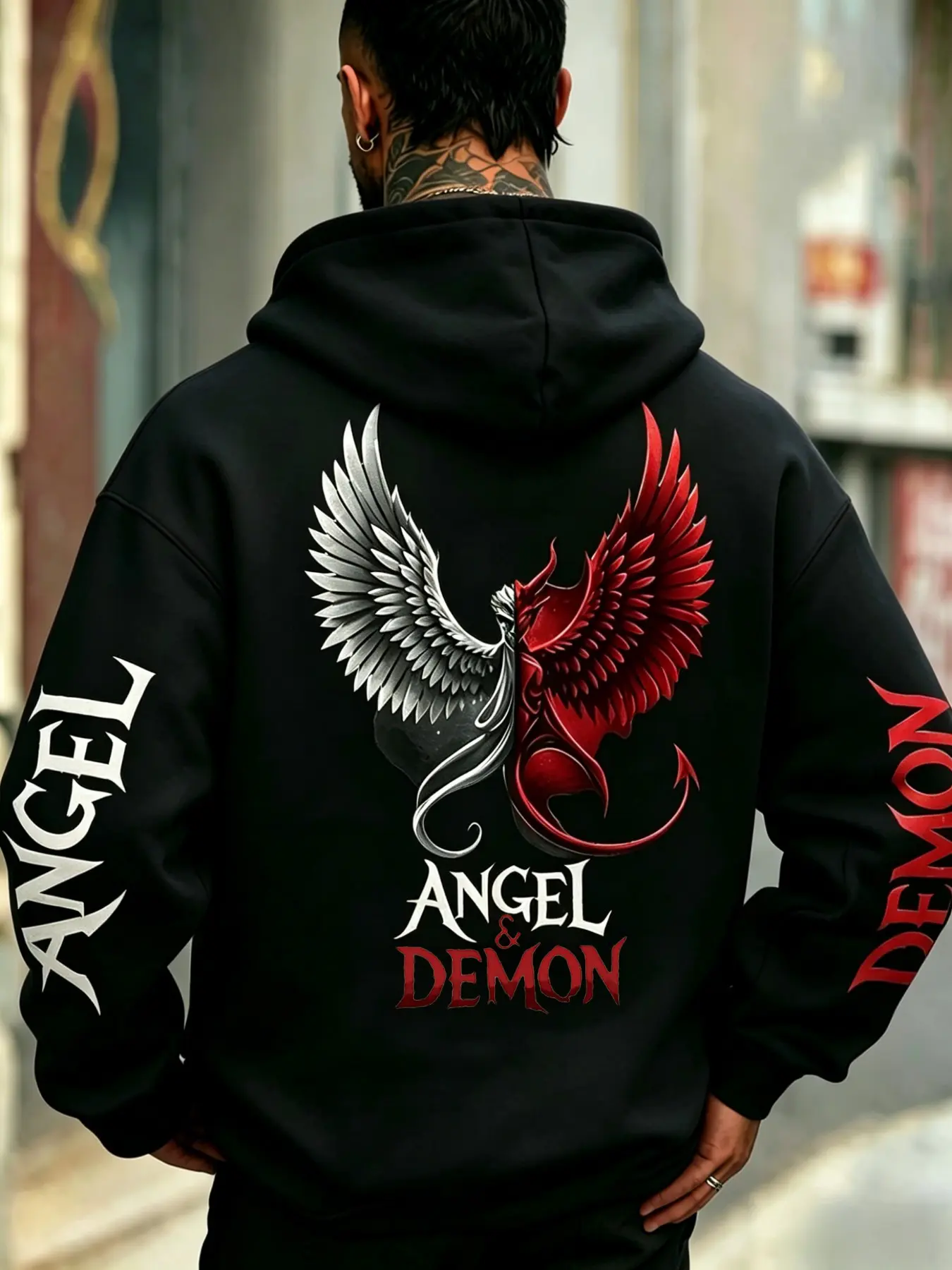 Large Size Men's Angel and Devil Print Hoodie, Street Fashion, Perfect for Daily Wear, Comfortable and Stylish Pullover