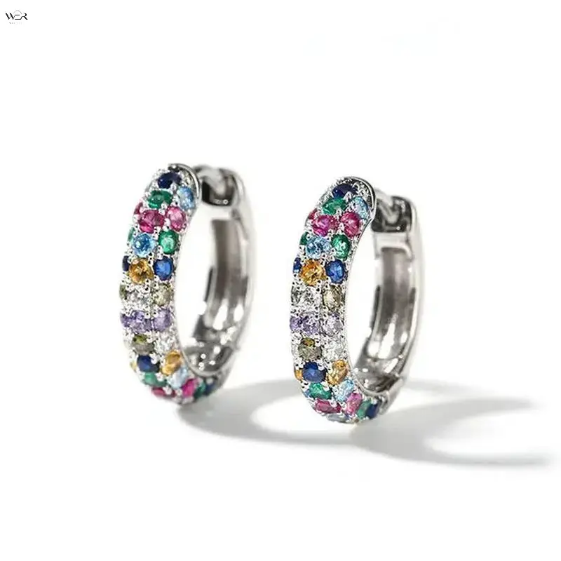 Silver Tone Mini Huggie Hoop Earrings 17mm Outer Diameter 4mm Band Width 3g/Pair, Full Pave Multicolor Rainbow Crystals Hinged Click Closure, Dainty Vibrant Daily Stackable Ear Jewelry Gift,Acrylic,Personalized