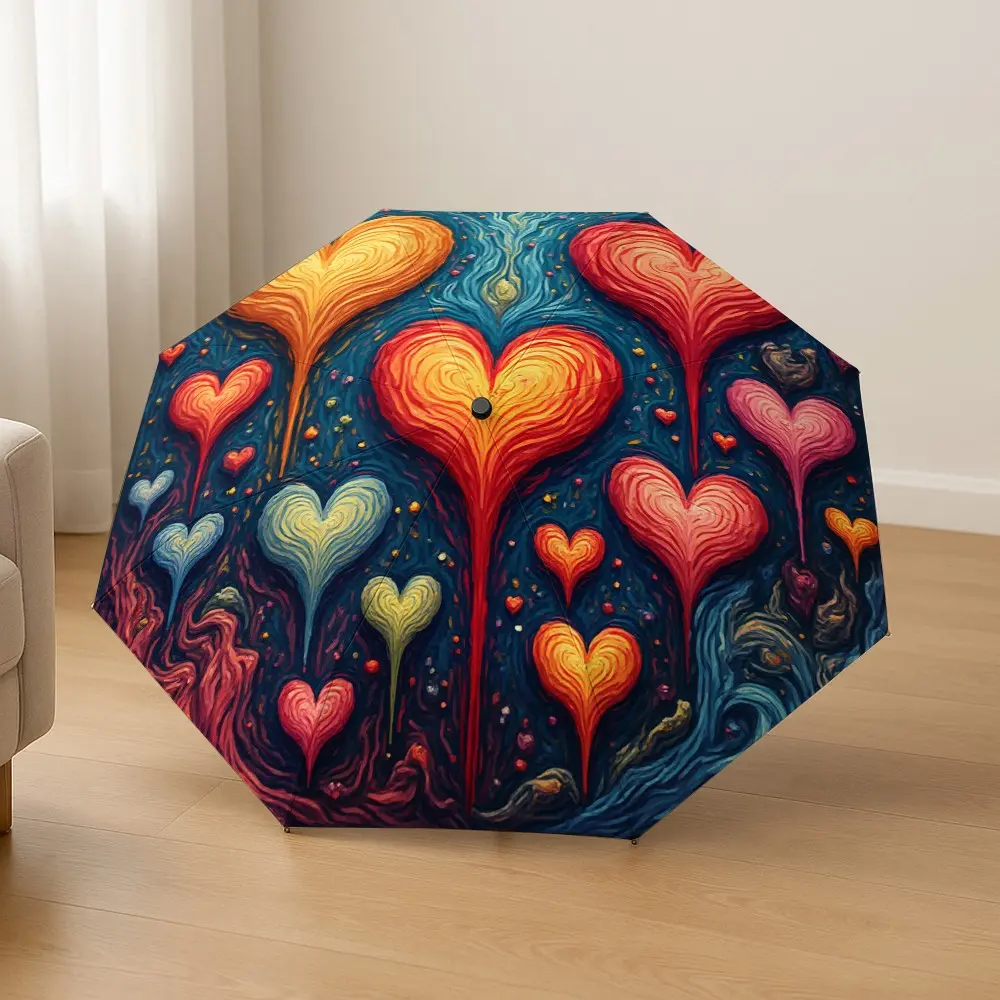 Colorful Heart Abstract Art Automatic Folding Umbrella, Lightweight Compact Travel Umbrella, 8-Rib Strong Frame, Unisex, Portable Outdoor Accessory