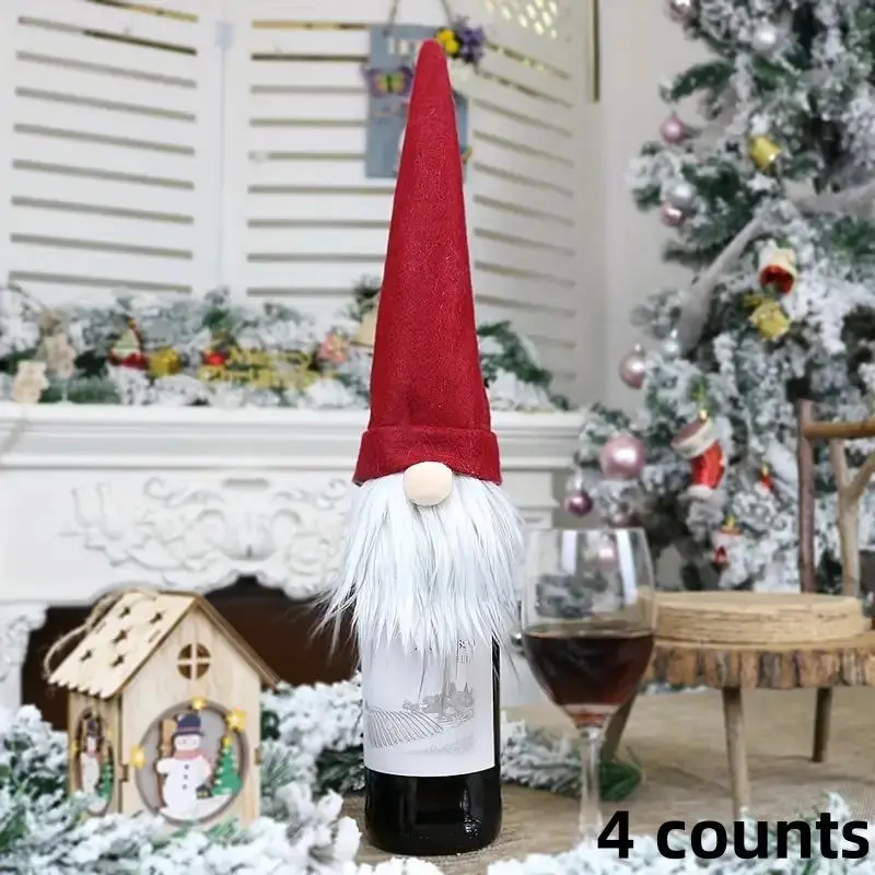 4 Counts Christmas gnome wine bottle cap, holiday desktop decoration, polyester fiber and fabric, fantasy theme, no need for electricity, holiday party supplies