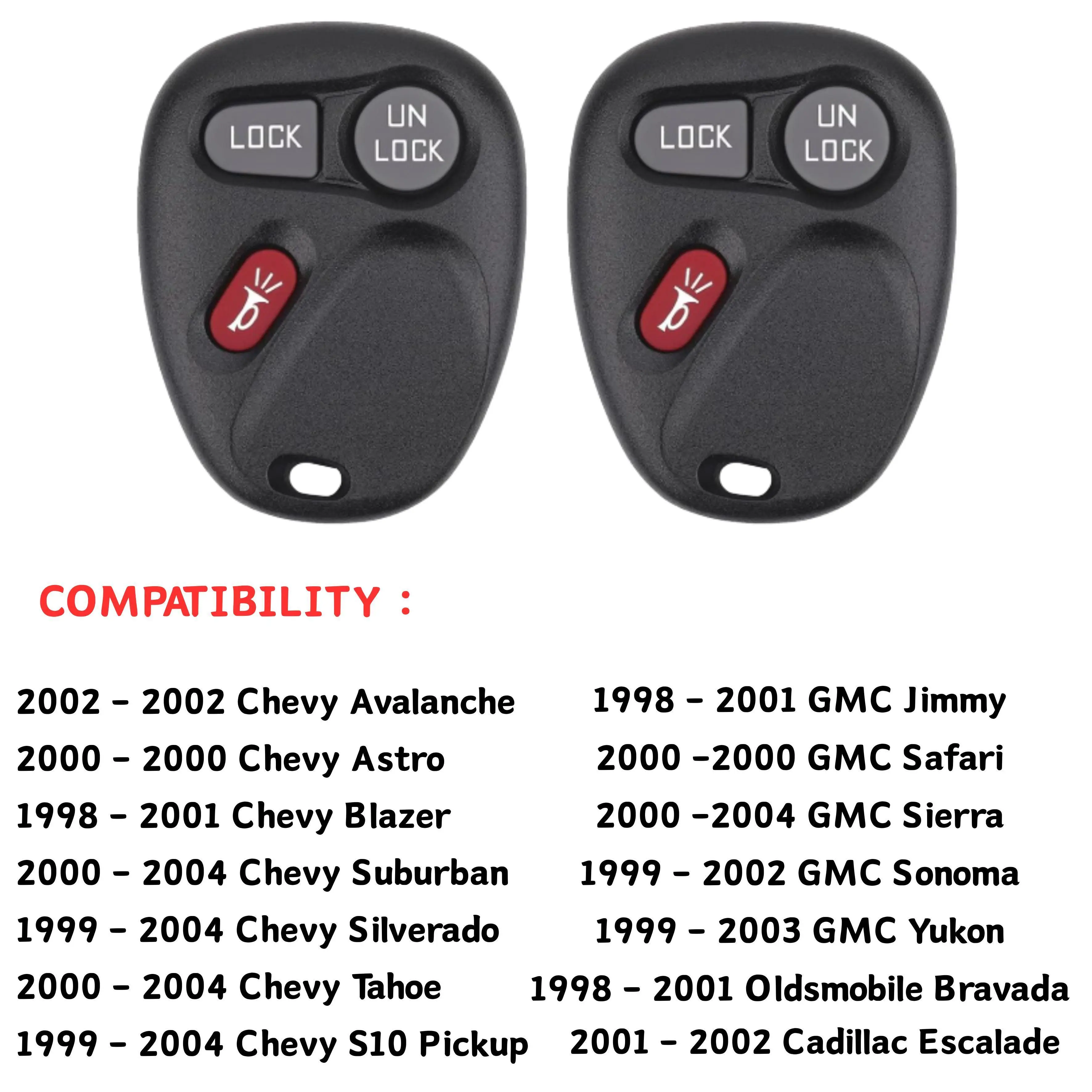 2PCS Key Fob Replacement for 1998 1999 2000 2001 2002 Chevrolet Chevy Silverado Suburban Tahoe GMC Yukon Sierra Oldsmobile Fit for Car Owner Replace or Spare Key 3-Button KOBLEAR1XT, KOBUT1BT