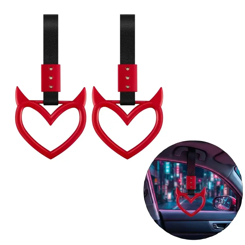 2 PCS Devil Horn Heart JDM Tsurikawa Ring, High Strength Nylon Strap Gloss ABS Car Interior Hanging Ornament, Universal Auto Exterior Rear Bumper Pull Charm, For JDM Car Lovers Street Racing Drift Girls Car Accessories-YY0