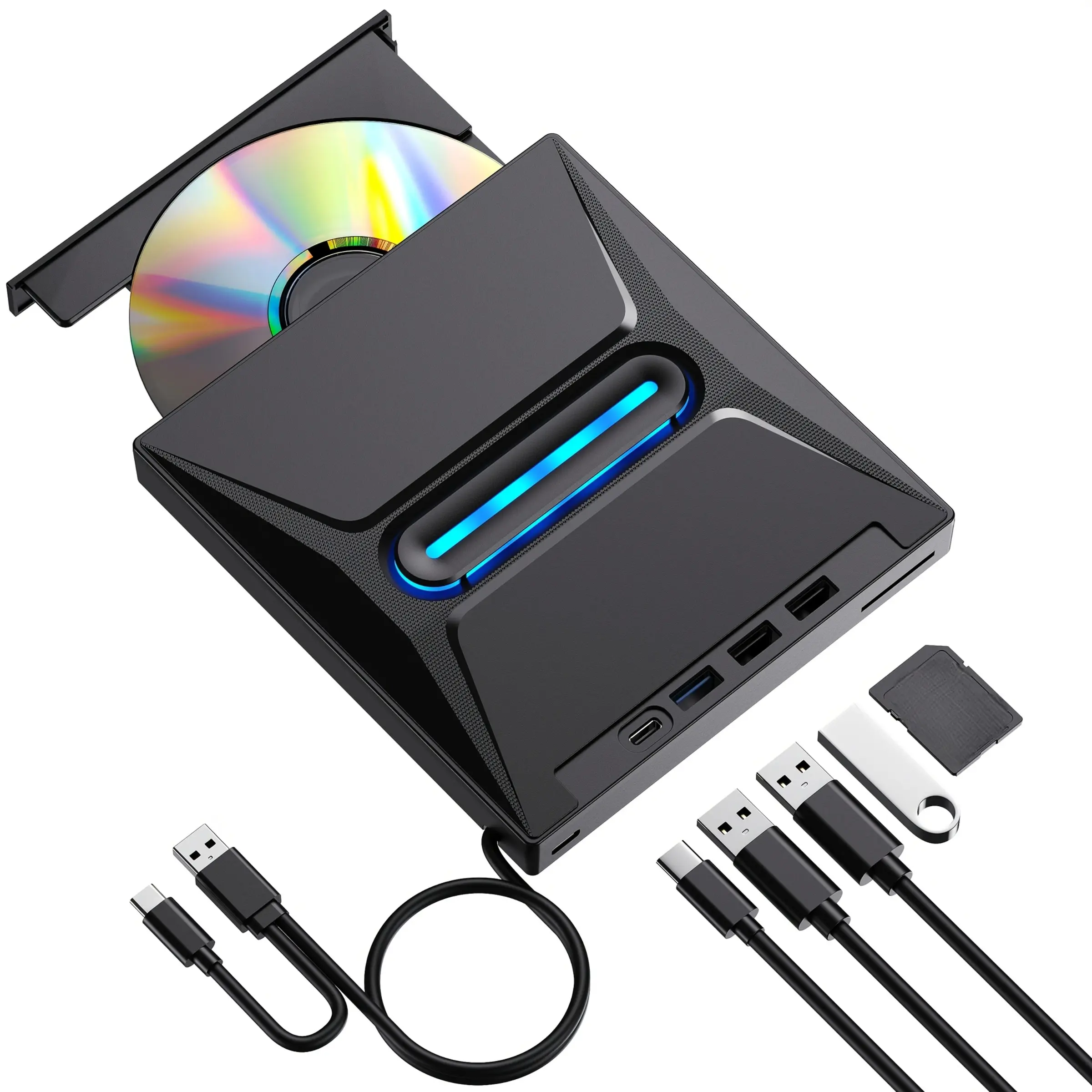Upgraded USB Powered External CD DVD Drive, Type-C & USB 3.0 Compact Portable DVD Burner, Multi-Functional DVD Player with SD Card Reader