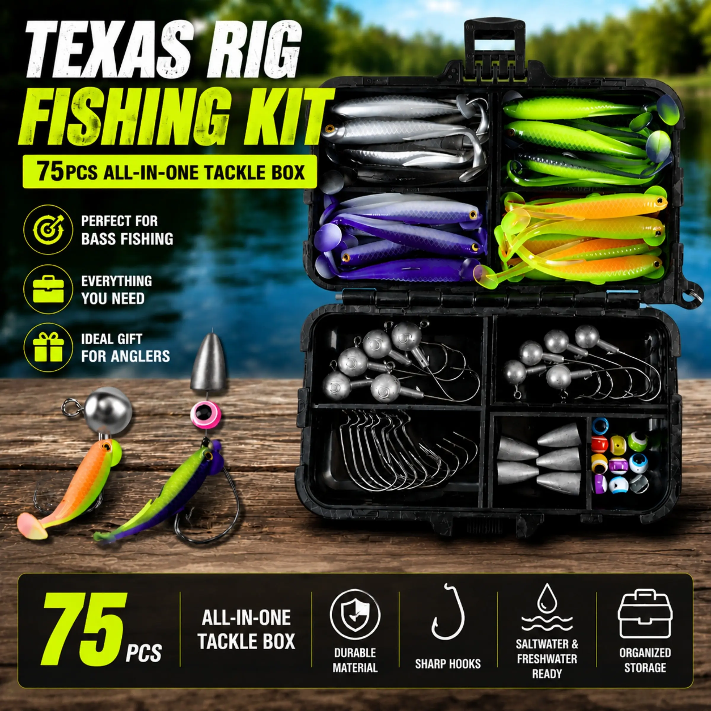 Freshwater Fishing Lure Kit for Beginners,75PCS Texas Rig Set with Weedless Bottom Fishing System, Ready-to-Fish Setup for Bass, Pike, Walleye & Perch