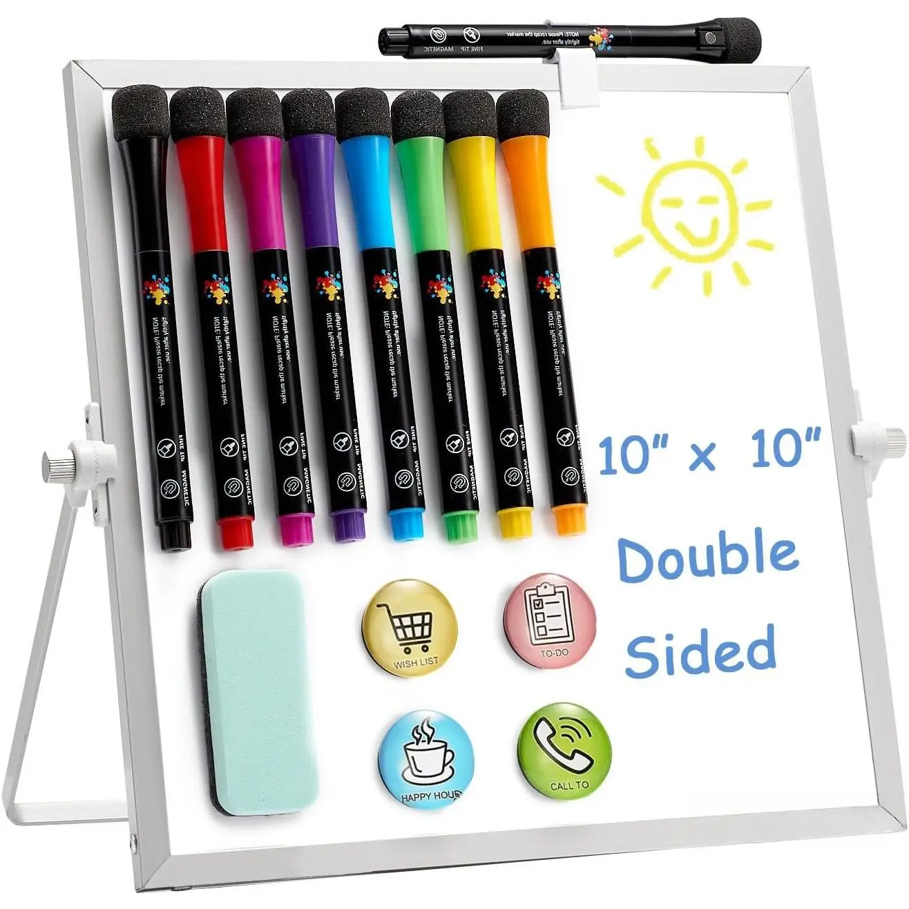 Small White Board - 10 X 10 Inches  Framed Dry Erase Board |  Desktop Whiteboard Stand 360 Degrees Revolving Double Sided for , , School, with Hooks for Wall