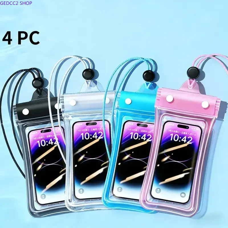 4 Pcs Waterproof Transparent Floating Phone Dry Bag, HD Touch Screen Clear Protective Cellphone Case with Detachable Lanyard, Shockproof Airbag Design Water Sports Accessory for Diving Beach Swimming Snorkeling
