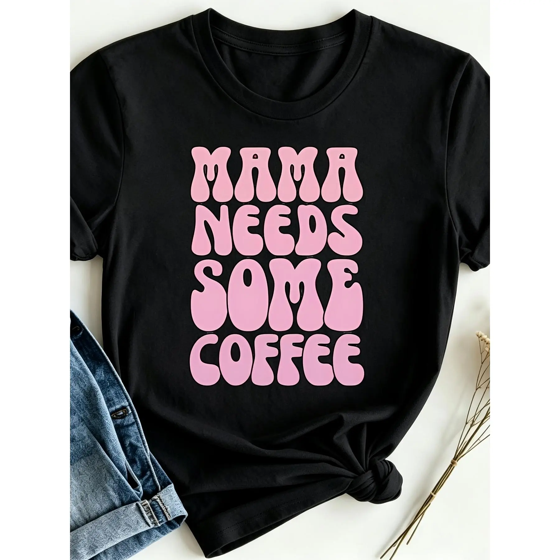 Women Black Mama Needs Some Coffee Print Loose Slim Fit Round Neck Short Sleeve T Shirt, Gift for Mom FemaleRetro Casual Crew Neck Printed T-Shirt