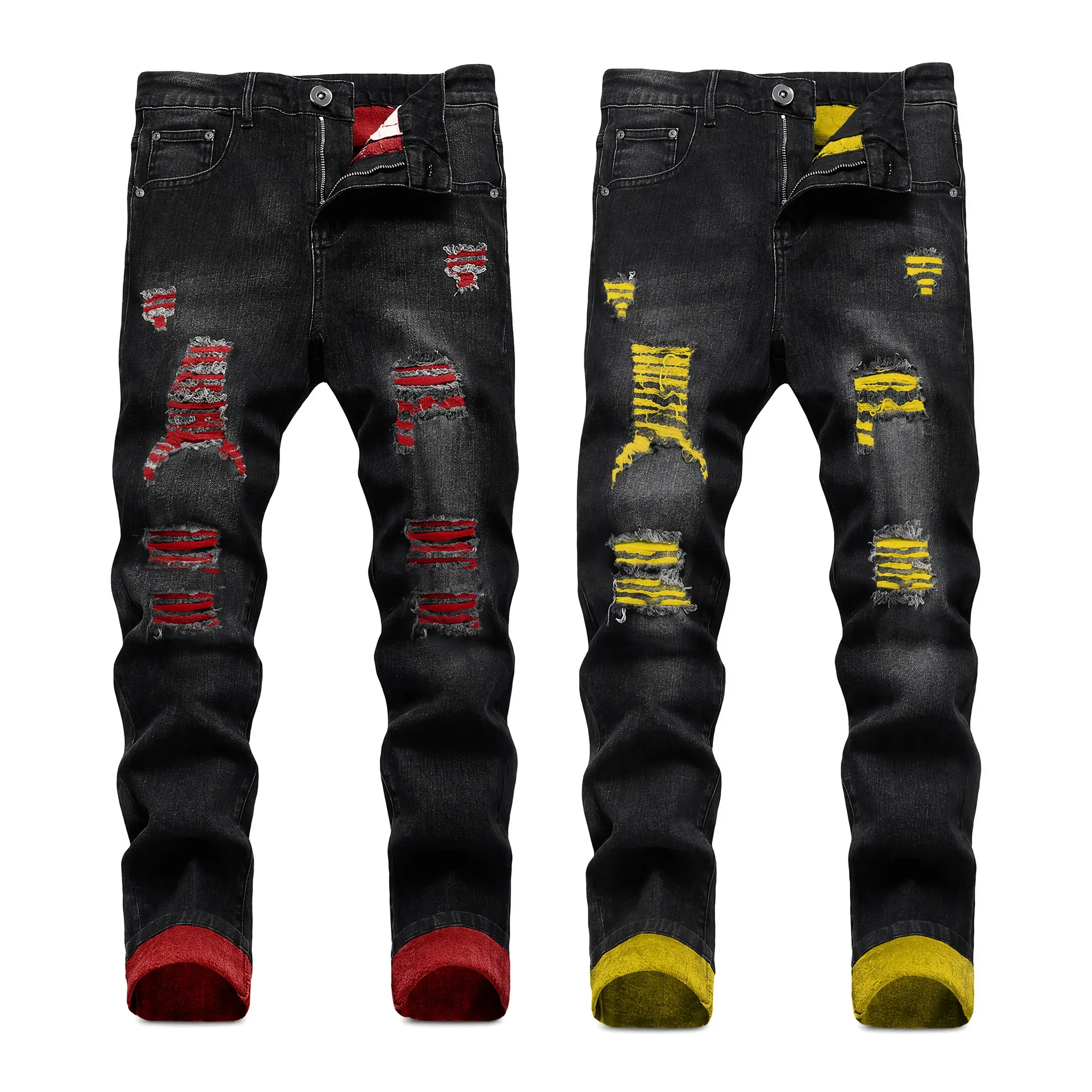 Men's Punk Chic Denim 2-Piece Set - Distressed Patchwork Ripped 2-Tone Skinny Jeans, Fleece-Lined Warm Thermal Below-the-Ankle Menswear, All-Seasons Winter Streetwear Pants (Black, Red, Yellow)