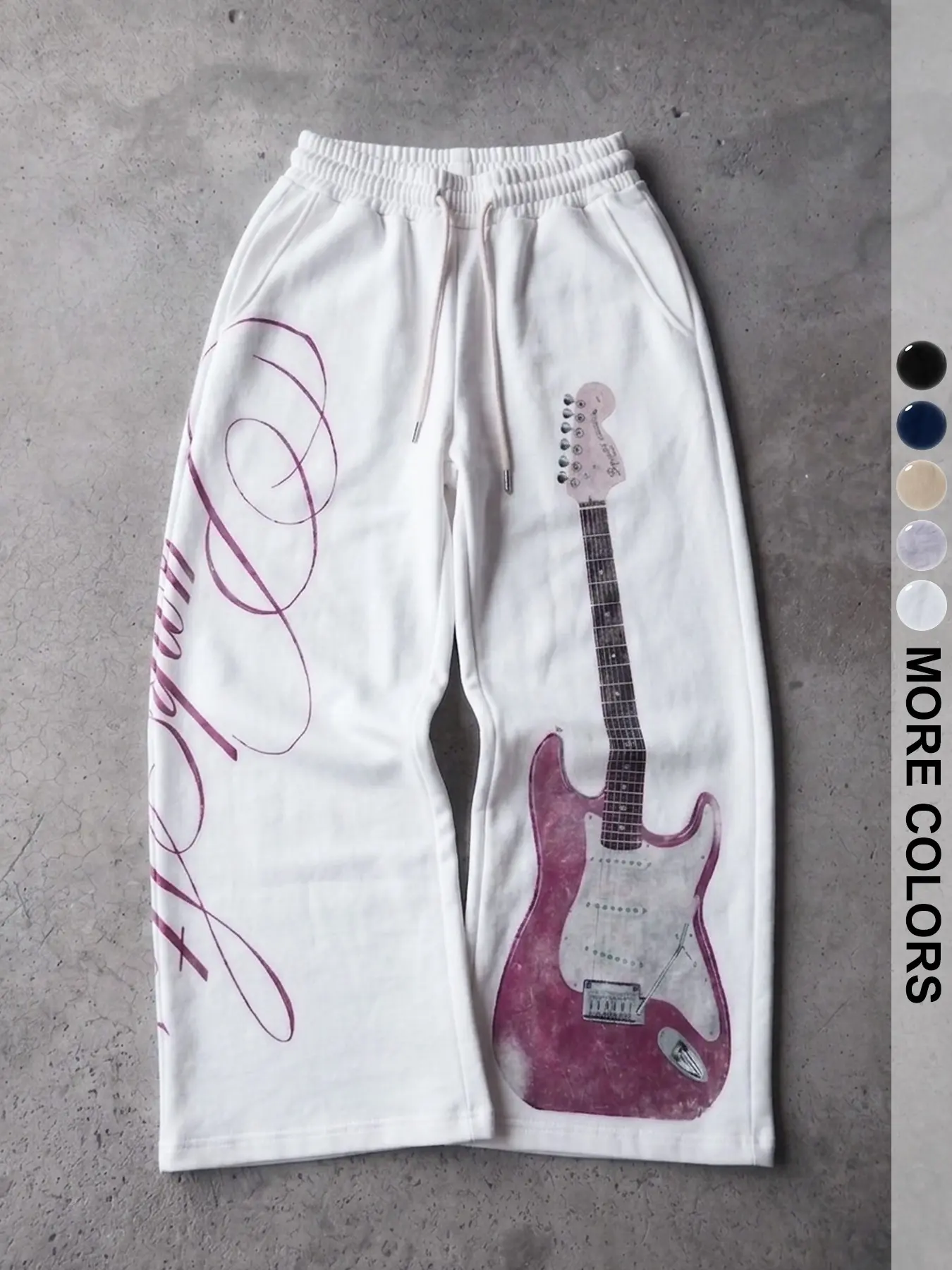 Unisex 90s Rock Music Street Style Wide Leg Sweatpants, Vintage Guitar Print, Breathable Elastic Drawstring Loose Fit Pants