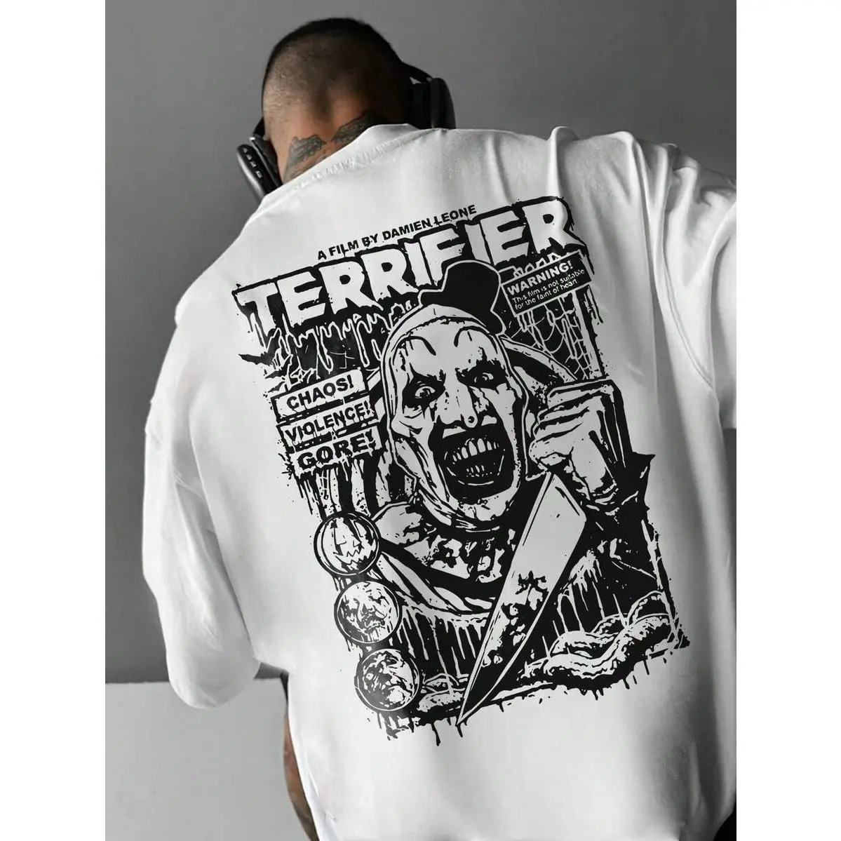 Men's Terrifier Art The Clown Back Print Graphic T-Shirt - 100% Cotton Unisex Top, Casual Classic Loose Oversized Short Sleeve Tee for Horror Movie Fans, Halloween Spooky Wear, Tshirt, Menswear