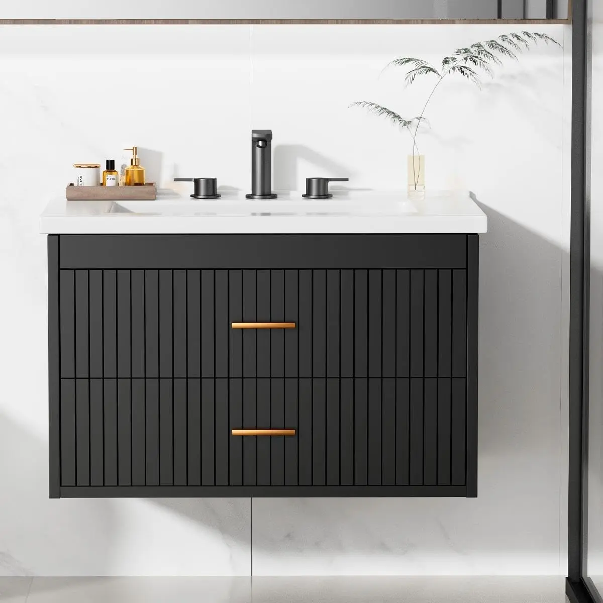 24-Inch Floating Fluted Bathroom Vanity Set with Ceramic Sink, Waterproof Wall-Hanging Modern Cabinet, 2 Soft-Close Drawers, Gold Handles, All Hardware Included, Easy Assembly, Black/White
