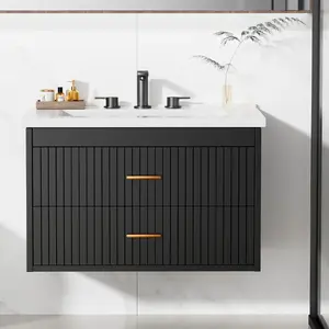 24 Inch Floating Fluted Bathroom Vanity with Ceramic Sink, Wall Mounted Modern Vanity Cabinet with 2 Soft-Close Drawers & Gold Handles, Easy to Assemble, Black/White