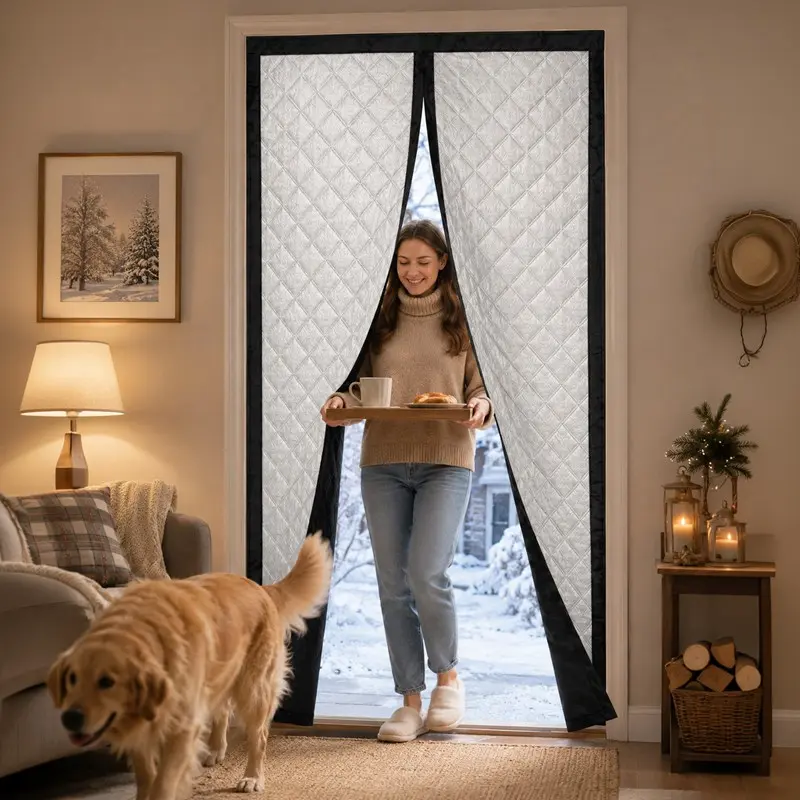 Thickened Magnetic Thermal Door Curtain, Self-Adhesive No-Drill Draft-Blocking Insulated Door Cover with Automatic Closure, Easy for Children and Pets to Pass Through, Suitable for Bedrooms, Living Rooms, Kitchens and Balconies