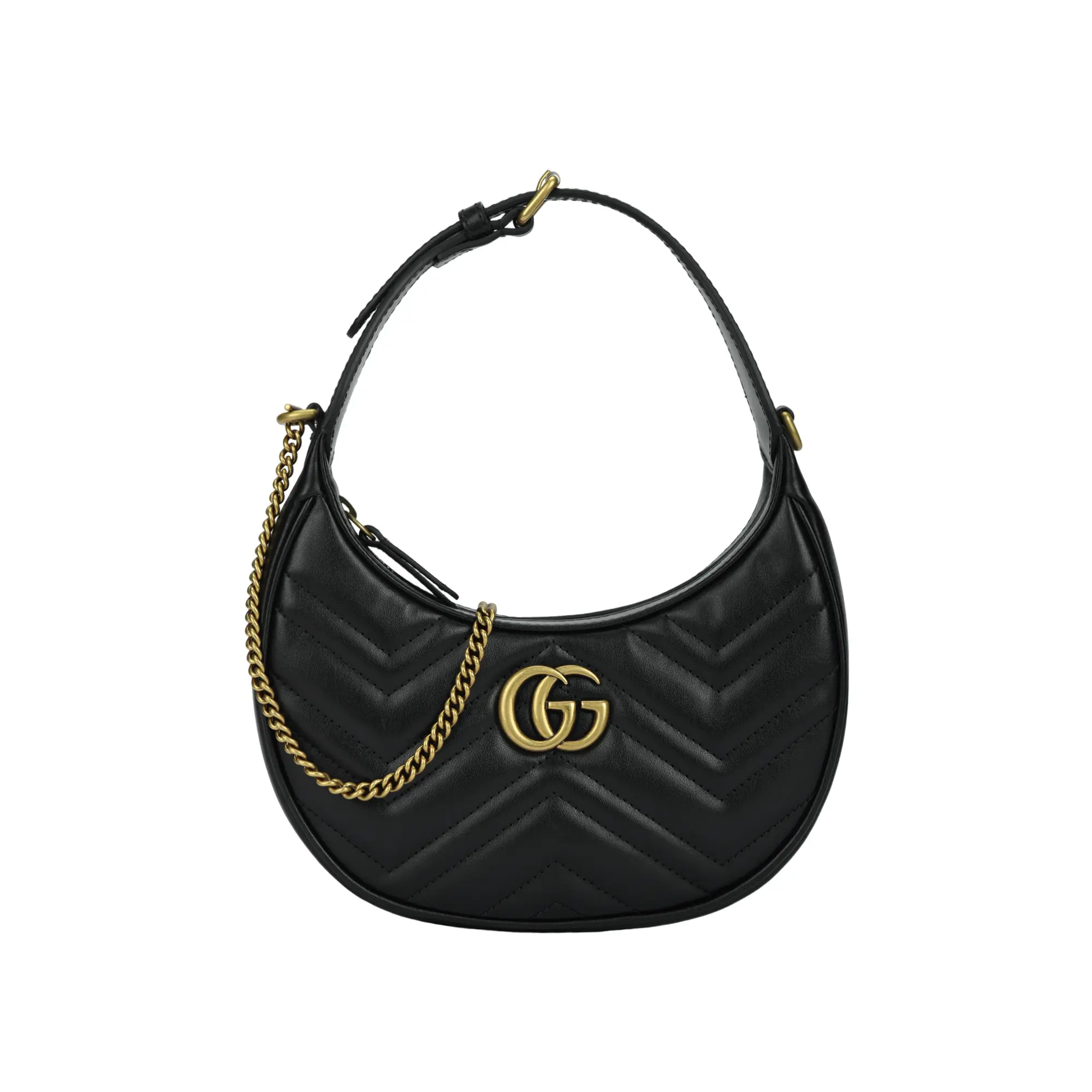 Gucci GG Marmont Distressed Gold Double-G Chain Shoulder Bag for Women, Quilted V-Shaped Leather Crossbody Bag in Black