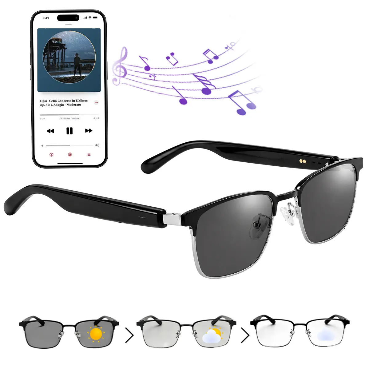 Bluetooth Glasses, Smart Audio Glasses with Auto-Tint Photochromic Lens, Blue Light Blocking & UV Protection, Open-Ear Audio, Magnetic Charging, Touch Control & Voice Assistant Support for Cycling Travel Outdoor Activities