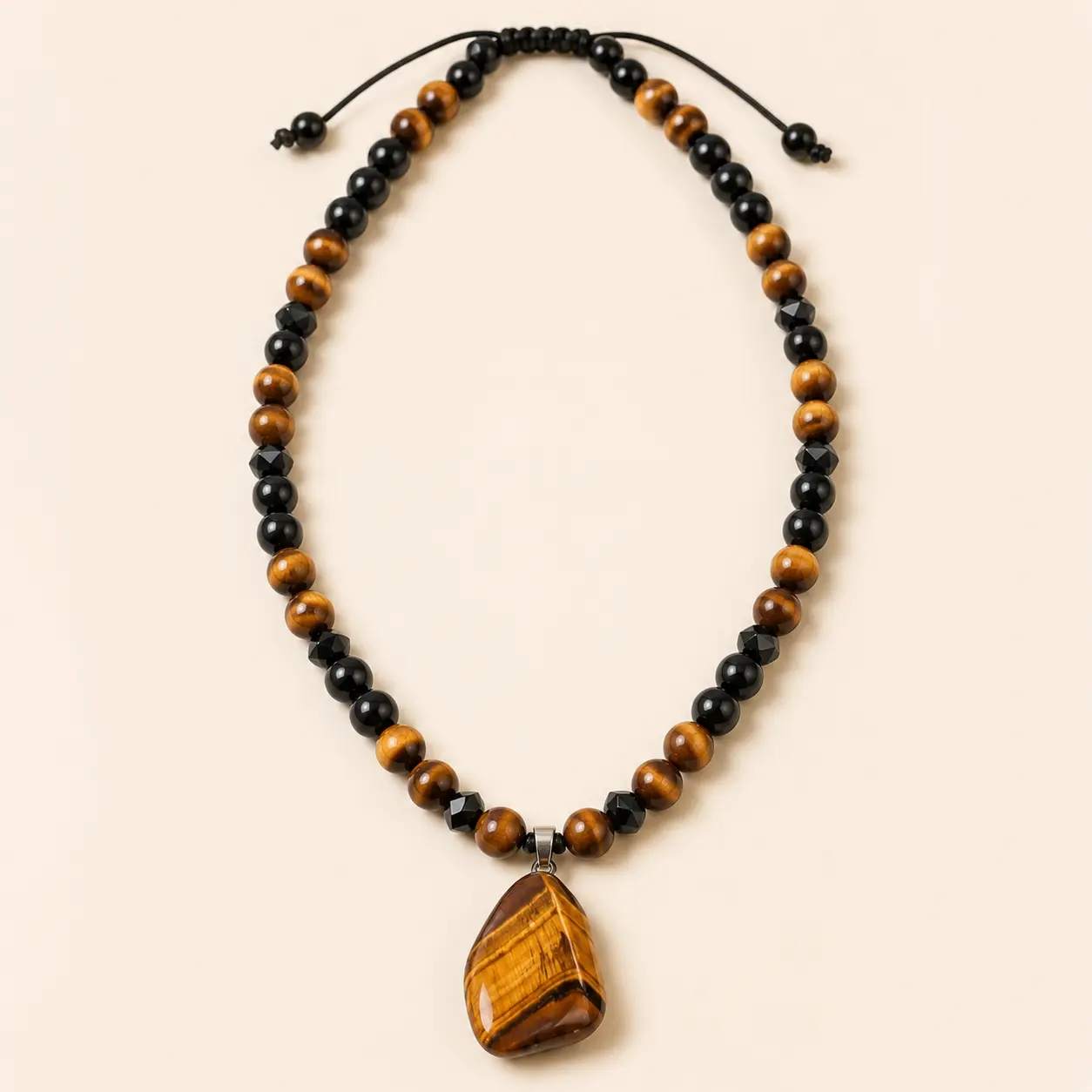 Tiger Eye  Necklace for Men, Black Beaded Pendant Necklace, Natural  Jewelry, Western Cowboy Boho Necklace, Adjustable Cord Gift