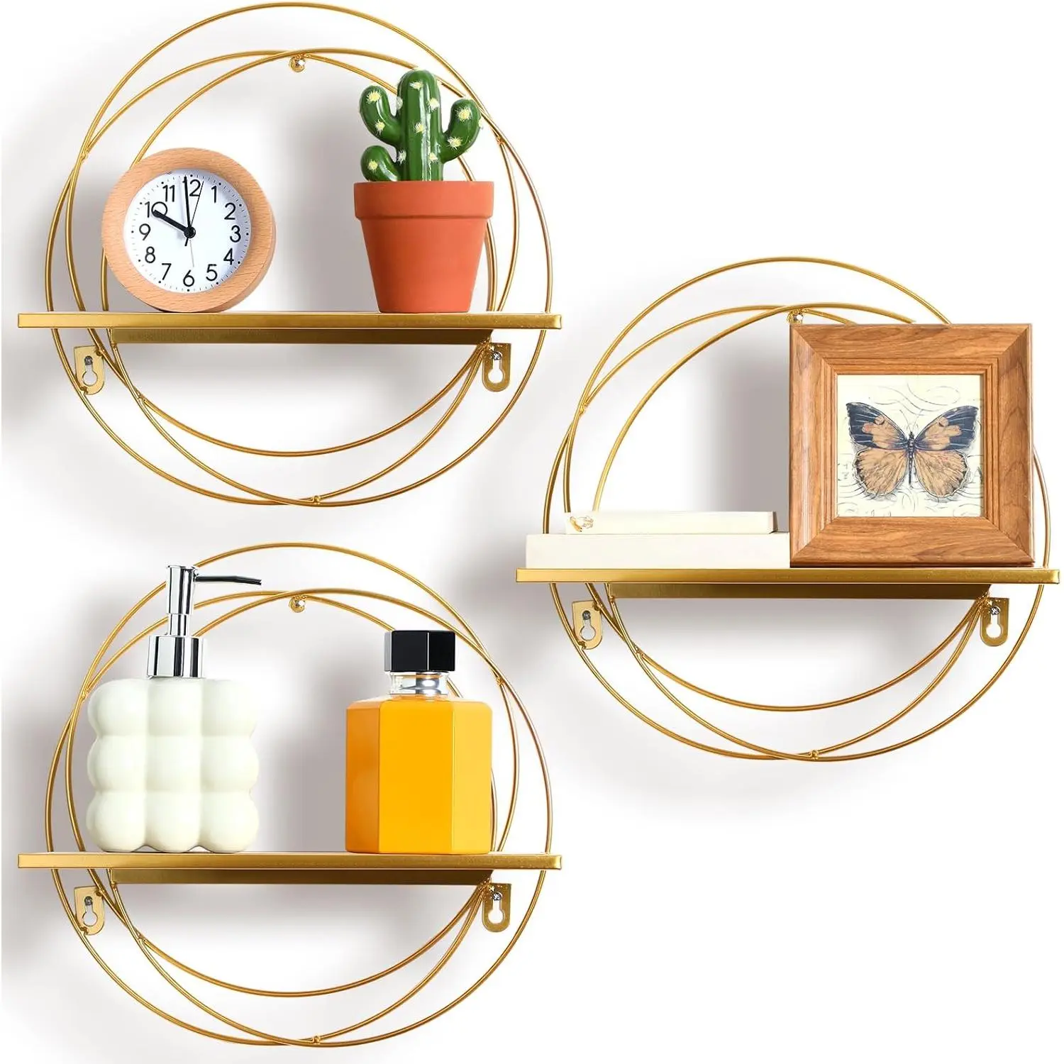 Yaocom 3 Pcs Gold Floating Shelves Wall Mounted Hanging Shelf with Gold Metal Wire and Wood, Foldable Round Shelf Wall Decor for Storage Bedroom Bathroom Living Room Kitchen Office Home Decoration