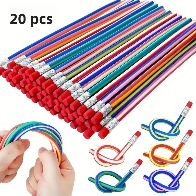 20-Pack Soft Multicolor Striped Flexible Pencils with Eraser, School Stationery, Perfect Gift for Halloween, Christmas, Valentine's Day, Student Use