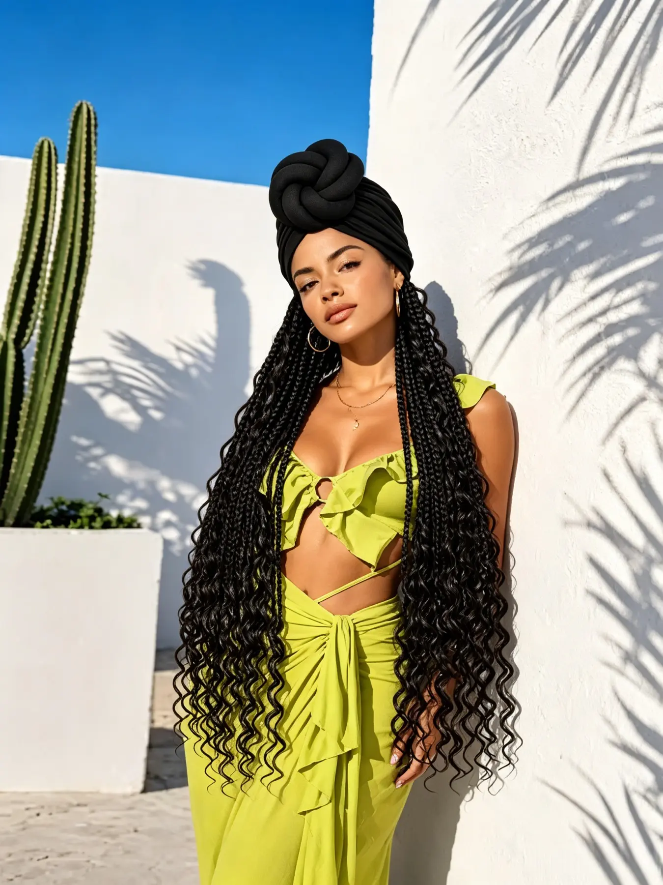 30 Inch Turban Headwrap Wig, Pre-Attached Passion Twist Braids, Flower Knot Design, Ready to Wear, Stylish Hair Accessory, Mixed Boho Curls