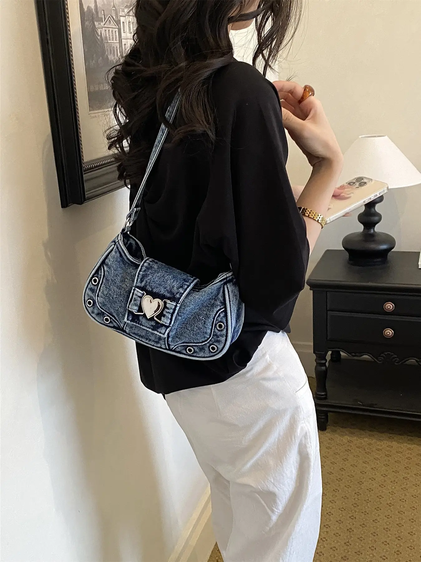 Women Y2K Vintage Washed Denim Shoulder Bag, Metal Heart Buckle Rivet Decor Mini Baguette Purse, Extra Adjustable Crossbody Strap, Millennium Aesthetic Cute Daily Phone Handbag