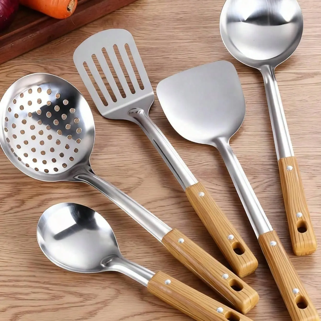 5-Piece Kitchen Utensil Set, Includes Stirring Spoon, Soup Ladle, Strainer, Fryer Spatula, Rice Scoop, Ideal for Cast Iron Cooking, Kitchen Utensils Set Stainless Steel