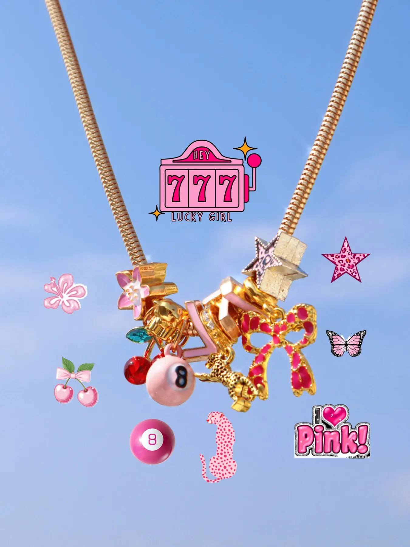 Lucky Girl Number 777 Leopard Charm Necklace, Dark Cross Dice Necklace, Cherry Leopard Print Necklace, Star Girl Necklace, Lucky Sakura Necklace, Chain Necklaces, Alloy Necklace