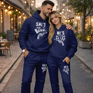 Couple's “Bonnie and Clyde” Print Hoodie and Sweatpants Set, Casual Sportswear, Long-Sleeve Hooded Jacket and Pants, Suitable for Autumn, Winter, and Spring, Everyday Wear, Tracksuit