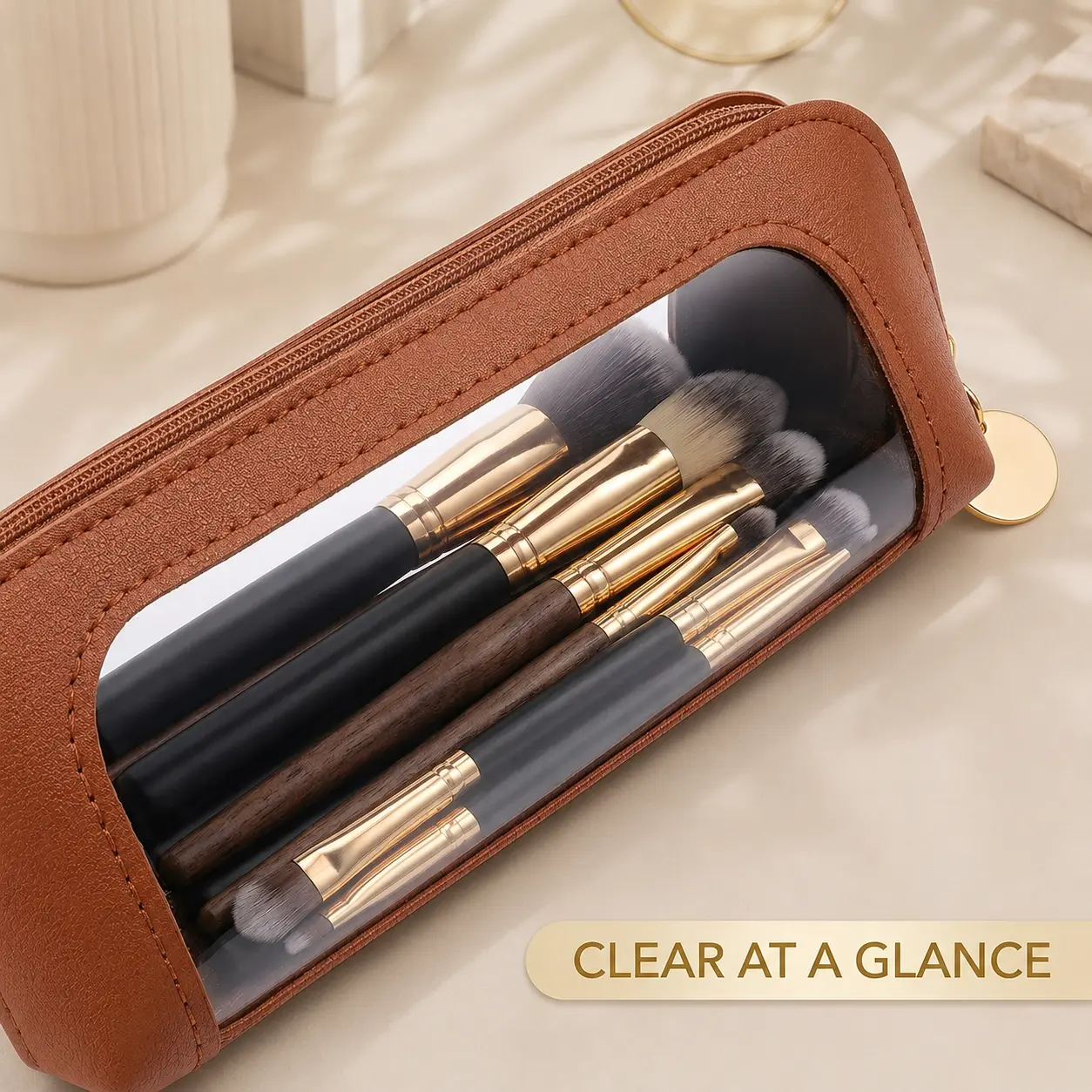 Portable Makeup Bag with Clear Window, Travel Cosmetic Brush Organizer Pouch, Waterproof Beauty Storage Case with Transparent PVC Window for Women,heat
