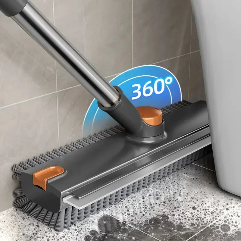 1pc 3-in-1 Rotatable Floor Scrub Brush With Extendable Stainless Steel Handle, 360 Rotating Hard Bristle & Silicone Water Wiper, Heavy Duty Cleaner For Tile Floors, Shower Room, Balcony, Home Cleaning Tools, Household Deep Clean Supplies