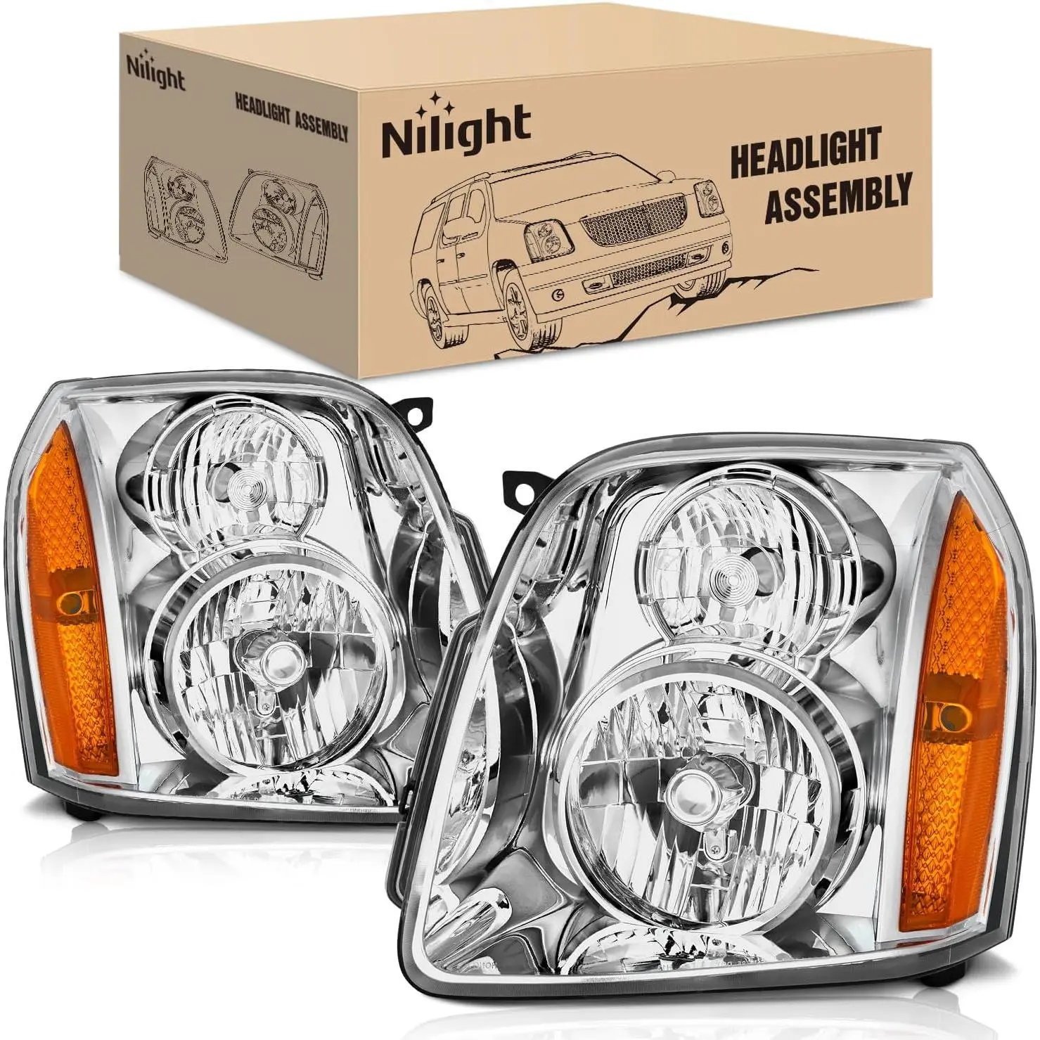 Nilight OE-Style Halogen Headlight Assembly for 2007-2014 GMC Yukon, Polycarbonate Chrome Housing, Amber Reflector, Luminous Brightening Halogen Type, Adjustable, Corrosion-Resistant, Dust-Proof, Easy-Install (Driver & Passenger Side), Plug-And-Play
