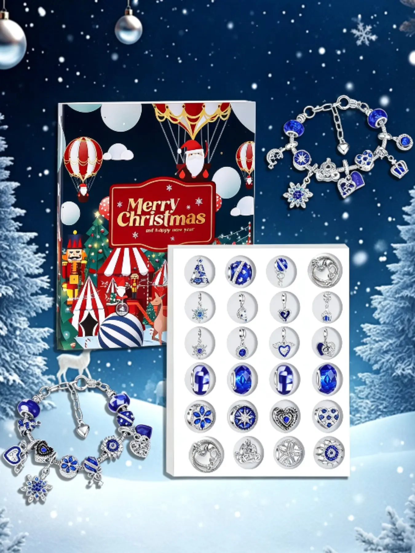 Circus Santa Christmas Limited Edition 24-Day Advent Calendar Handmade Beaded Gift Box, Ice Blue Snowflake Luxury Jewelry Kit, Perfect Holiday Gift