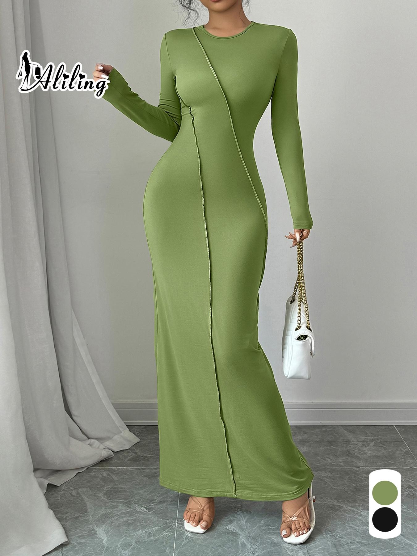 Aliling Women's Plain Round Neck Long Sleeve Dress, Elegant Modest Solid Color Dress for Evening Party Holiday Wedding Guest, Ladies Spring & Fall Clothes
