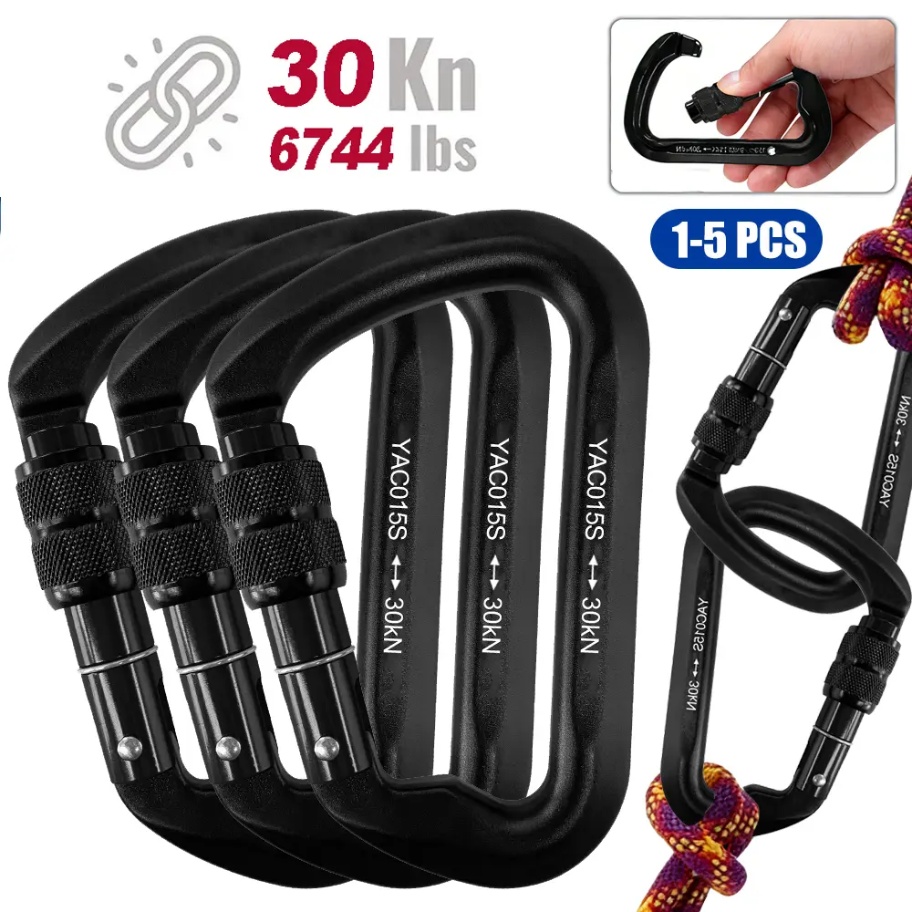 Locking Rock Climbing Carabiner Clips,Professional 30KN Heavy Duty Caribeaners for Rappelling Swing Rescue & Gym etc, Large D-Shaped Carabiners,Black